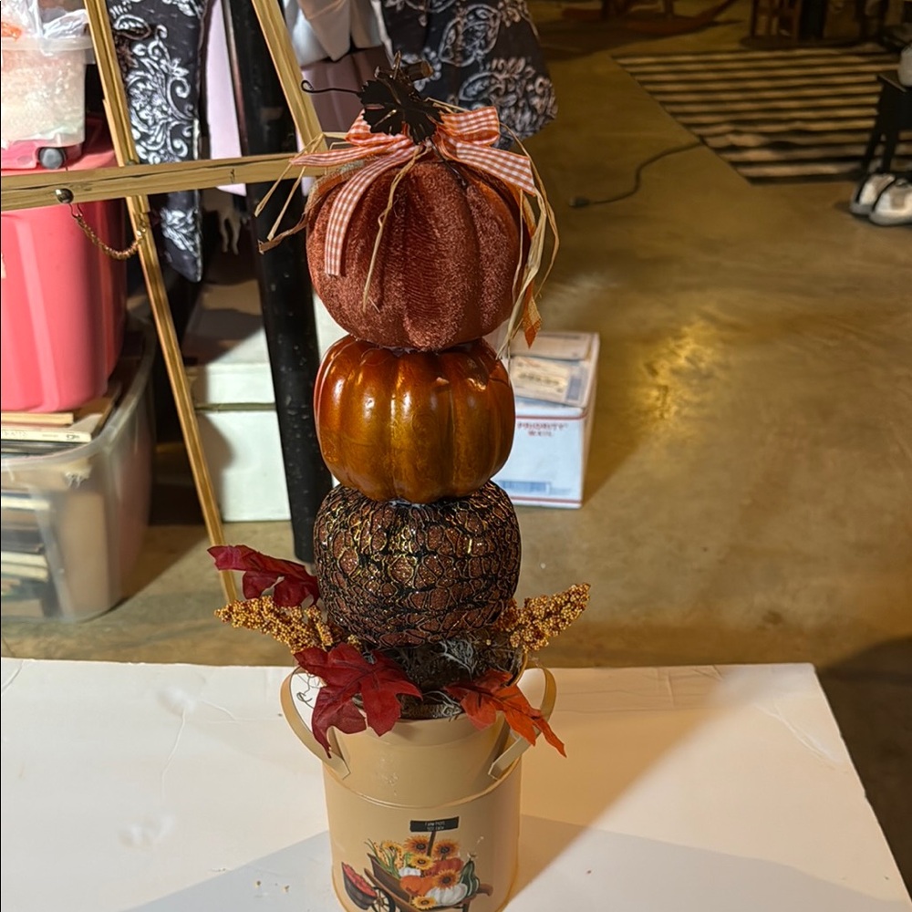 Rustic Pumpkin Stack with Autumn Leaves